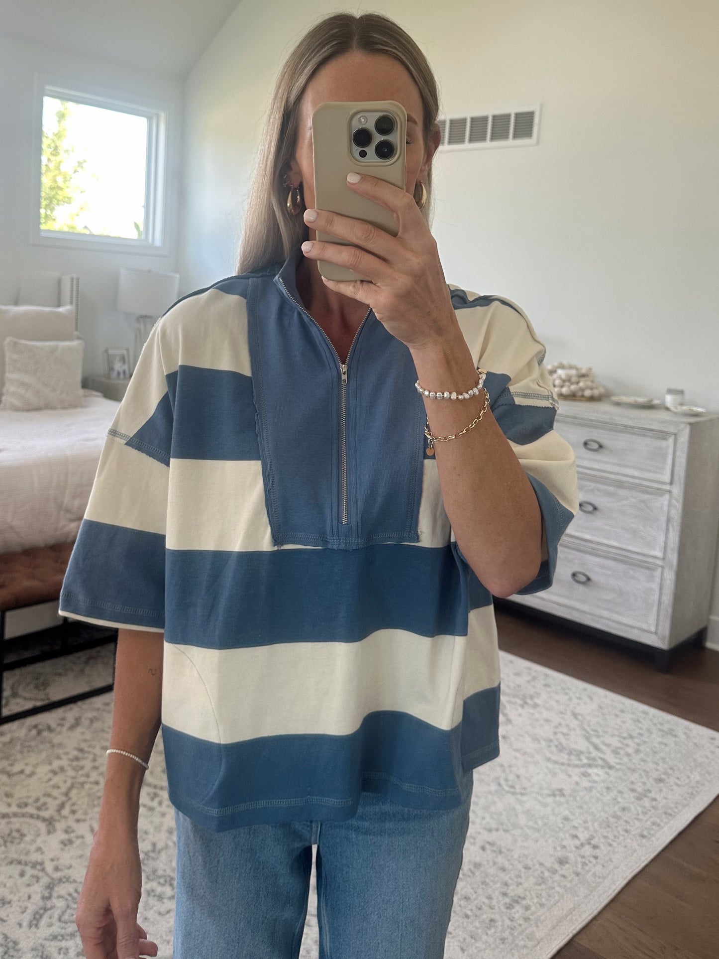 Half Zip Top- Blue/Ivory
