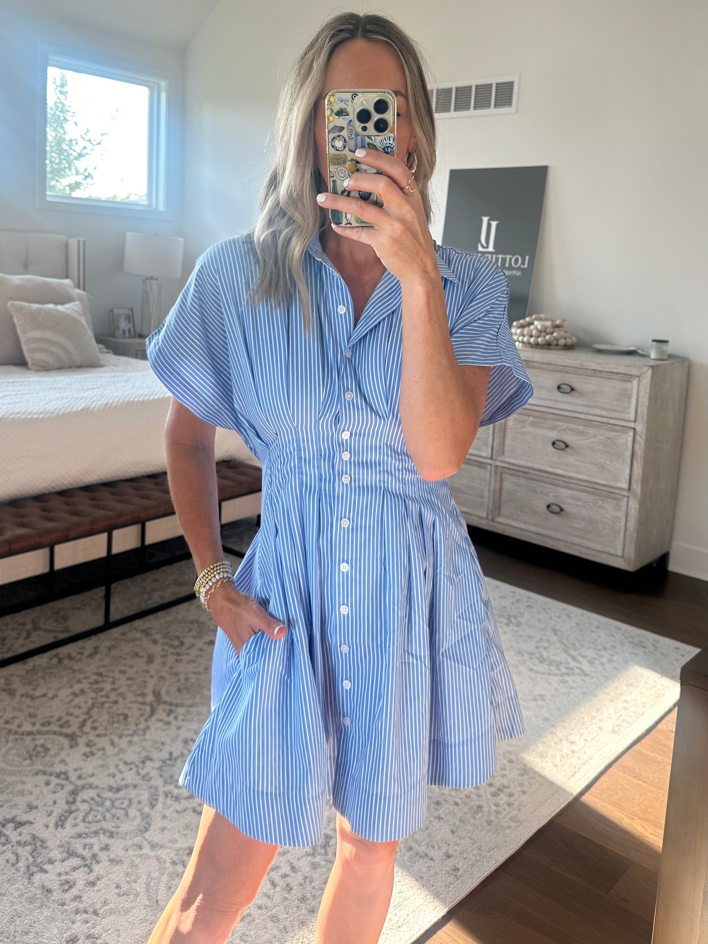 Pleated Shirt Dress- Blue