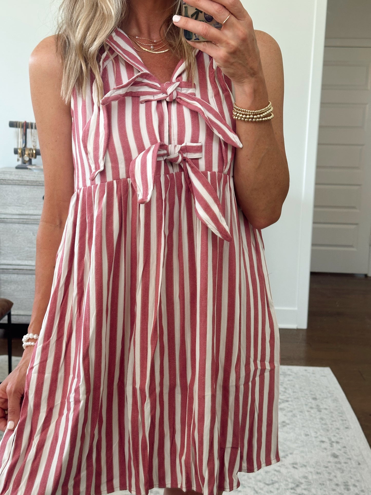 Bow Striped Dress- Rose