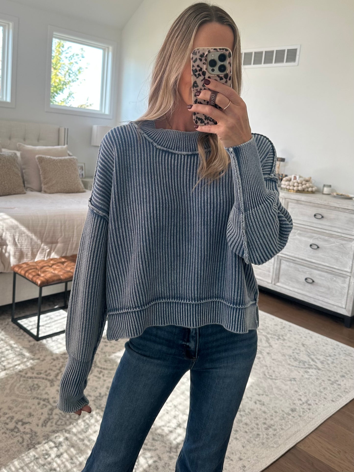Oversized Cropped Sweater- Blue