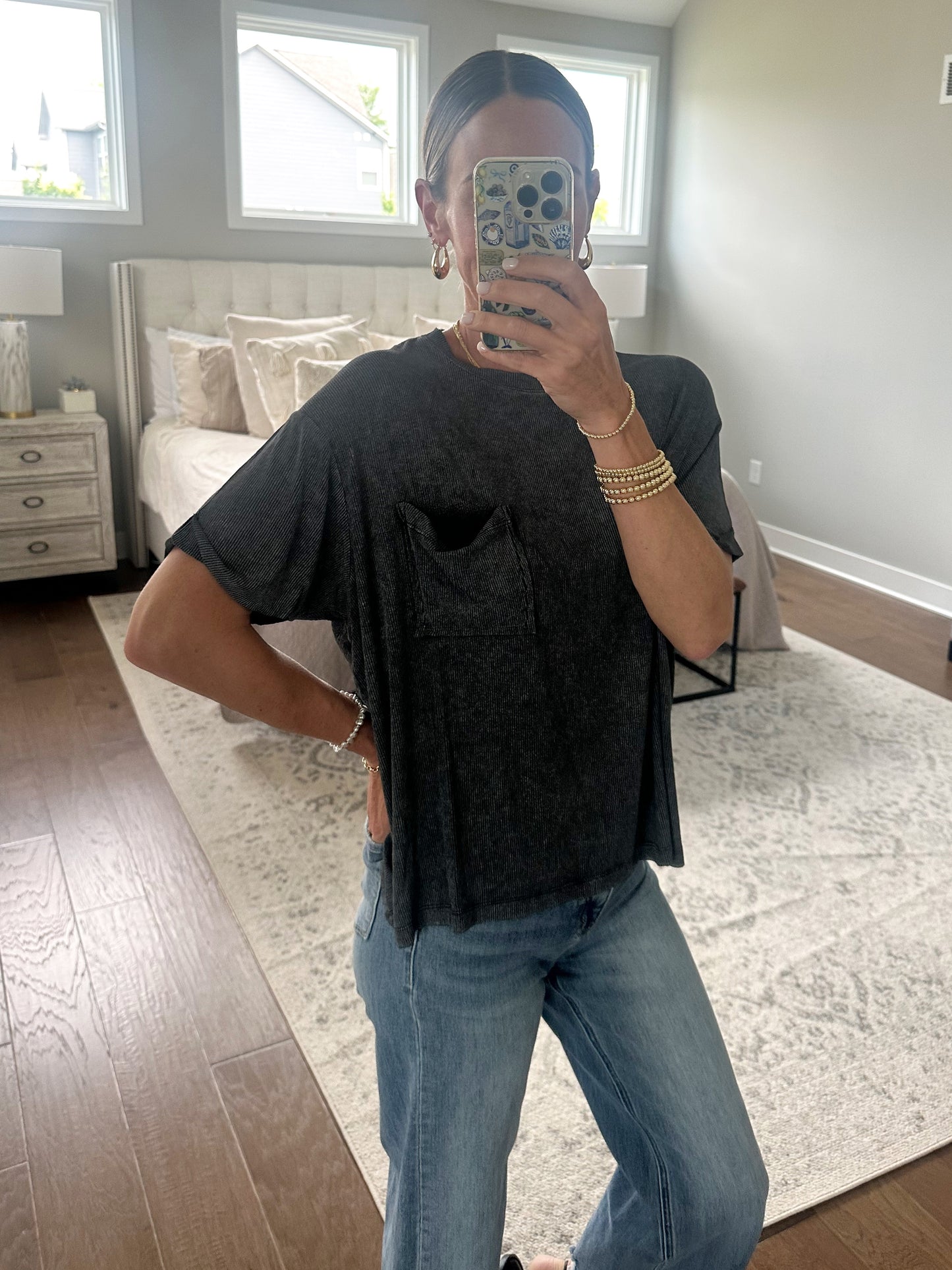 Short Sleeve Cuffed Shirt- Charcoal