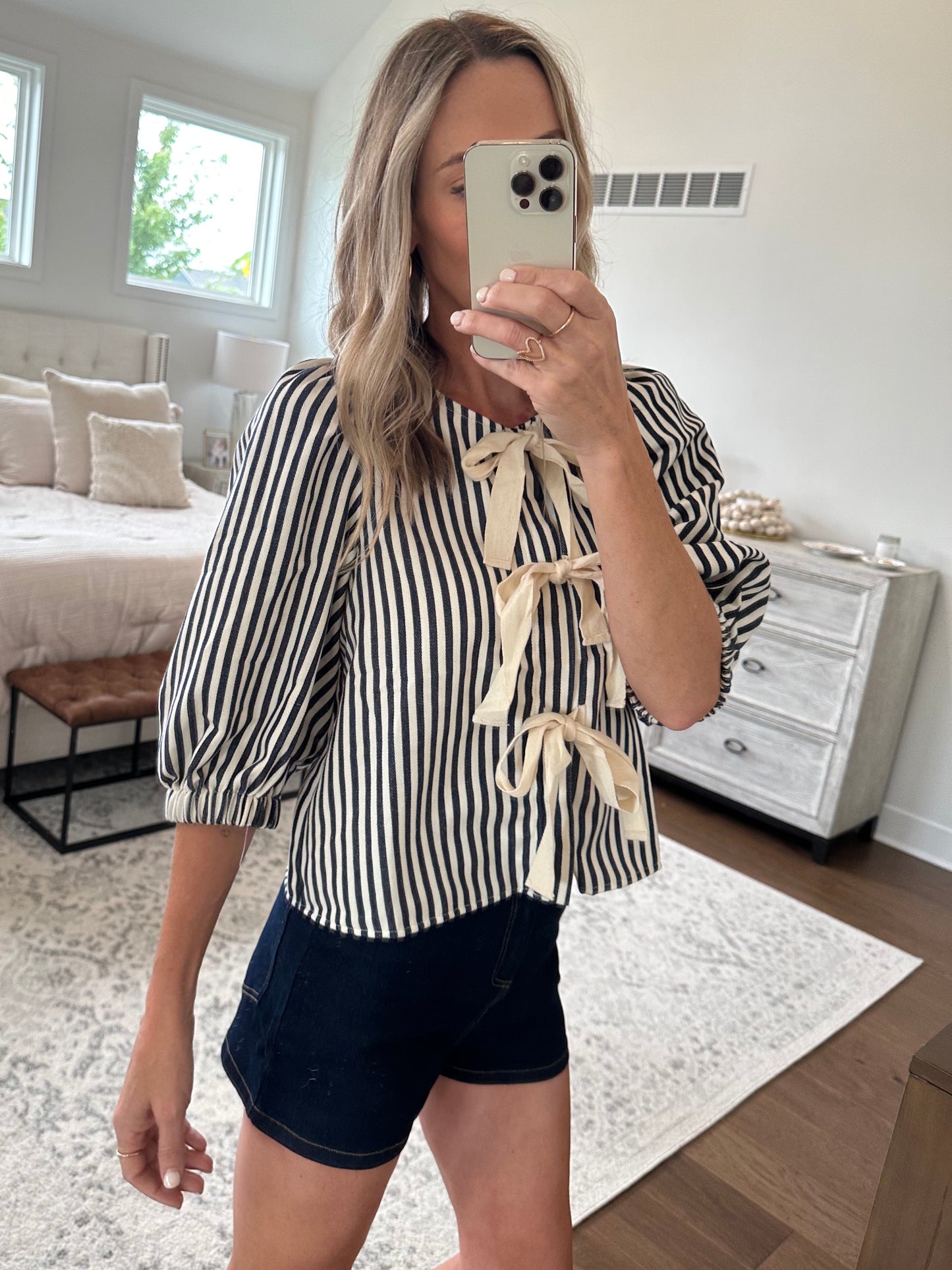 Navy Striped Bow Top