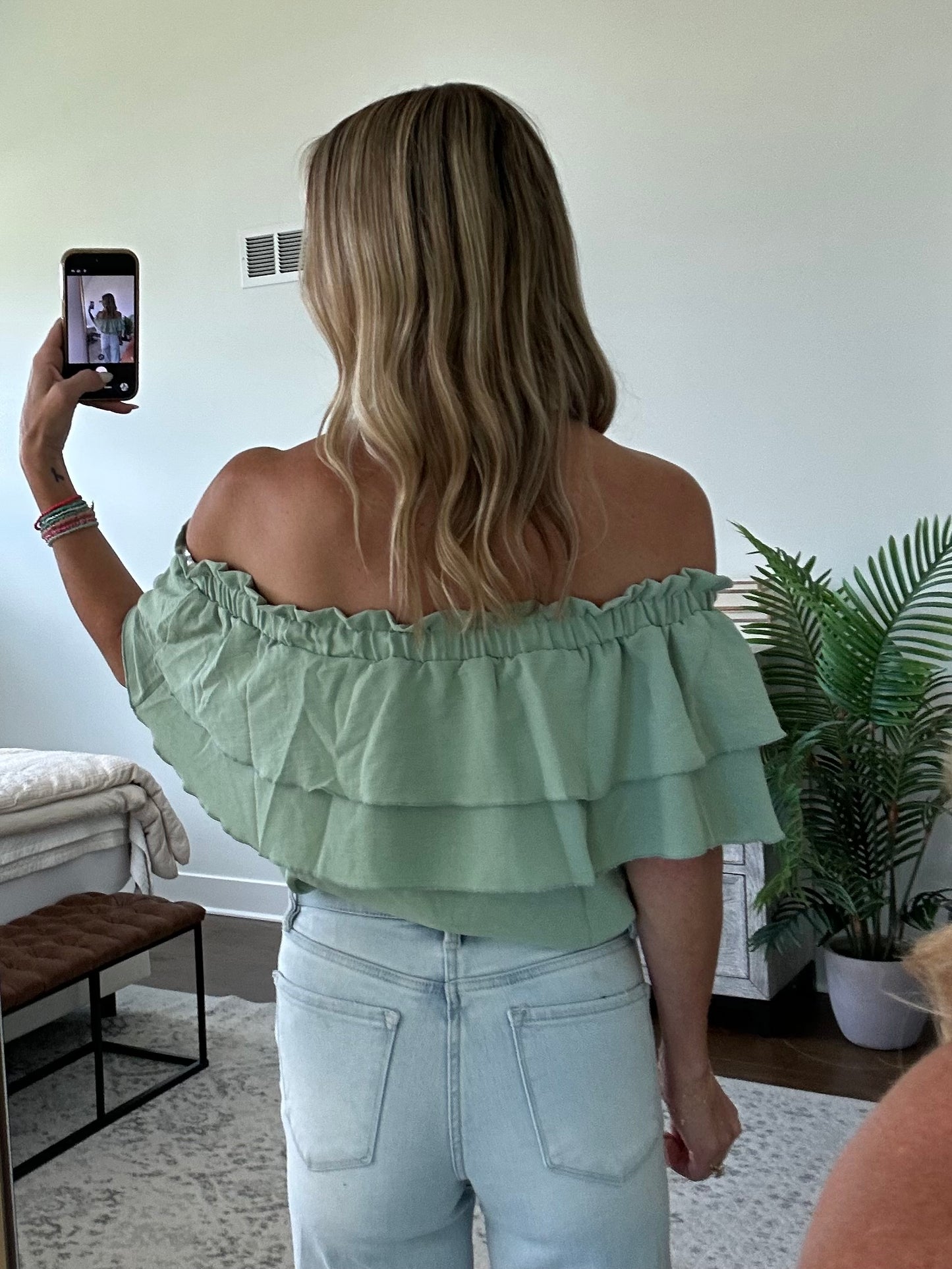 Off The Shoulder Ruffle Top- Sage