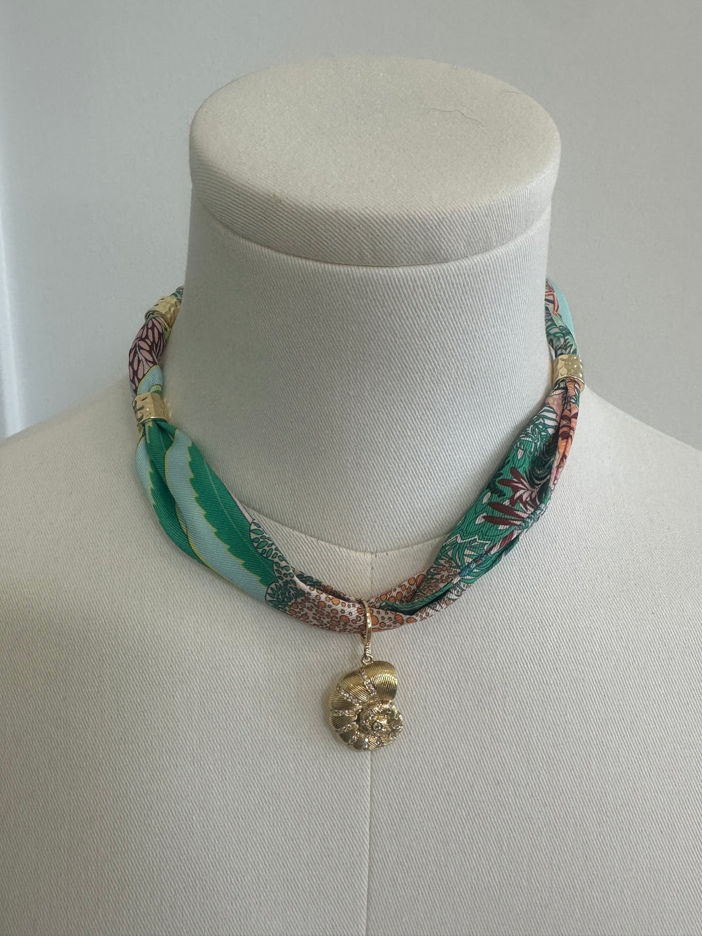 Mint Scarf Necklace- Sea Shell Charm