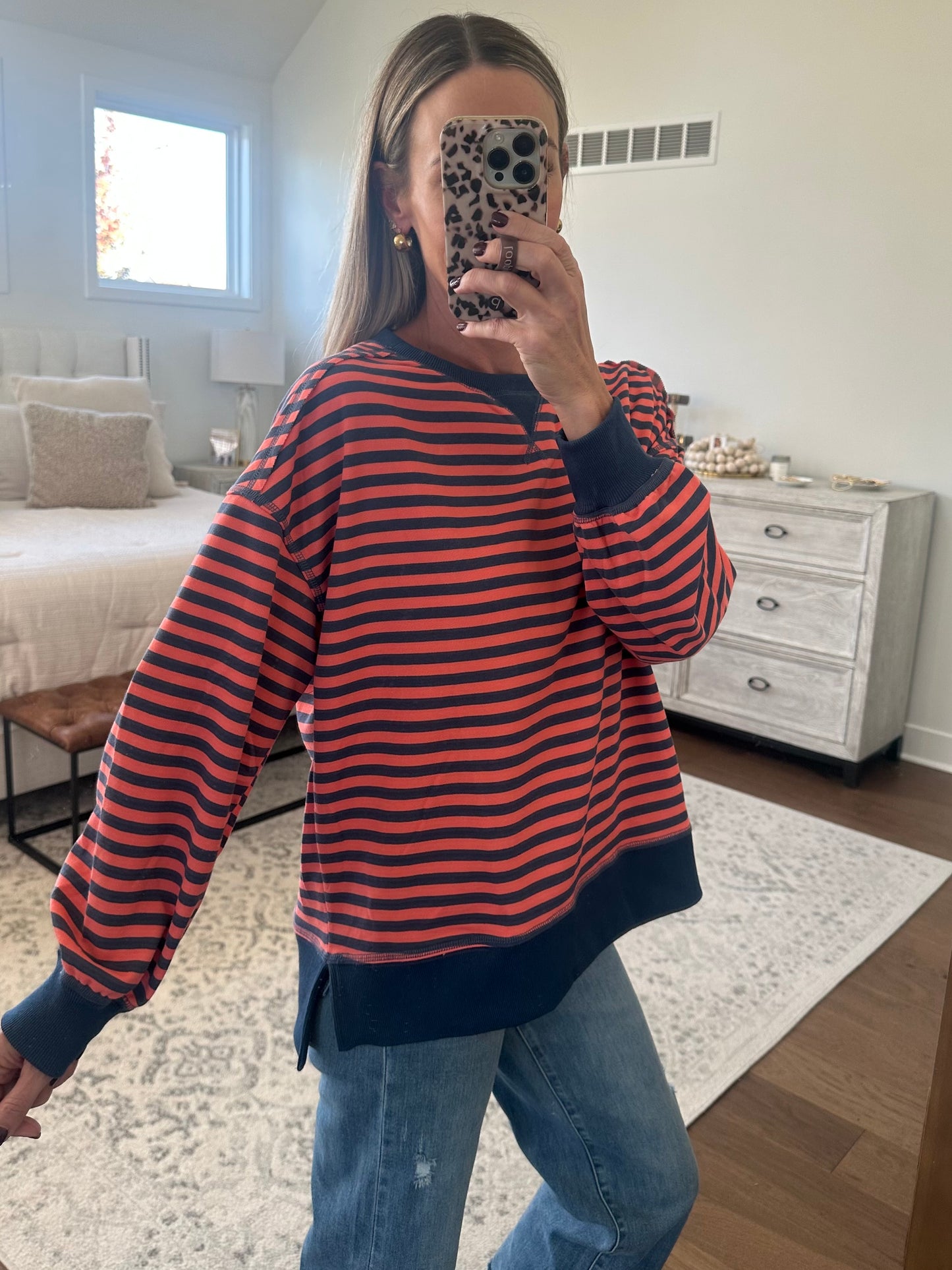 Coral & Navy Striped Top