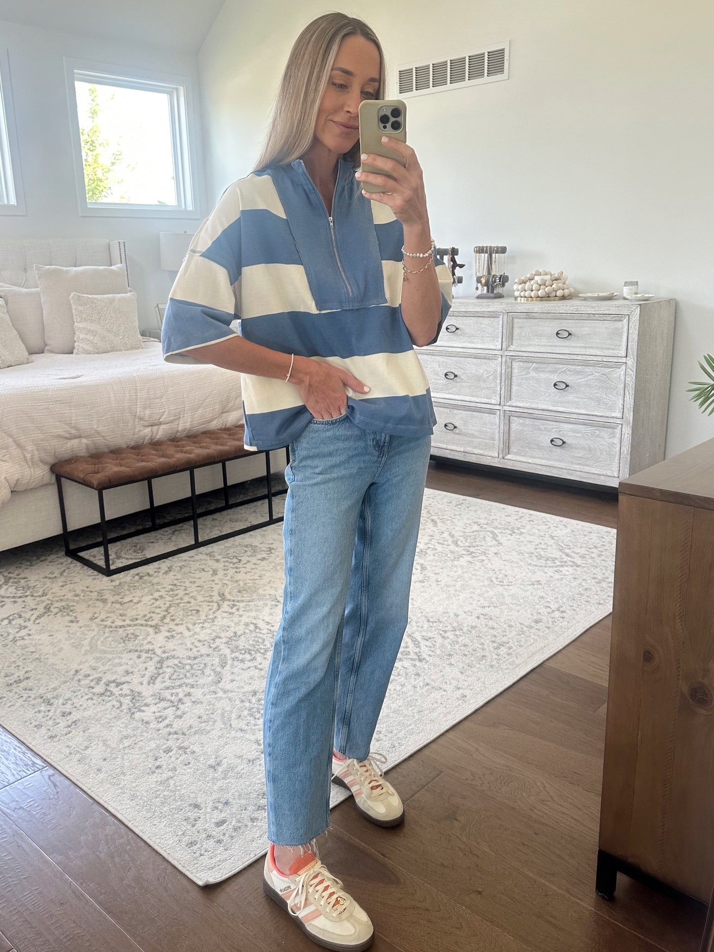 Half Zip Top- Blue/Ivory