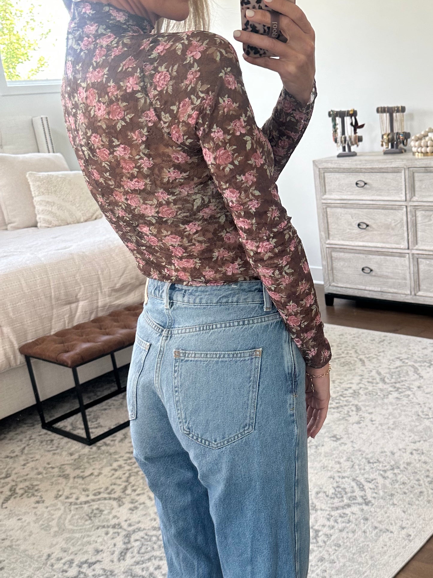 Brown Floral Lace Top
