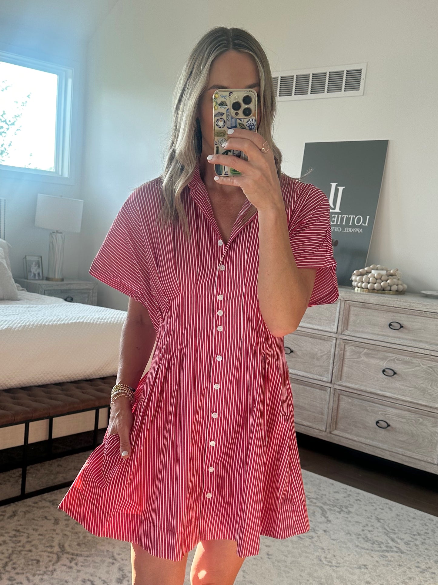 Pleated Shirt Dress- Red