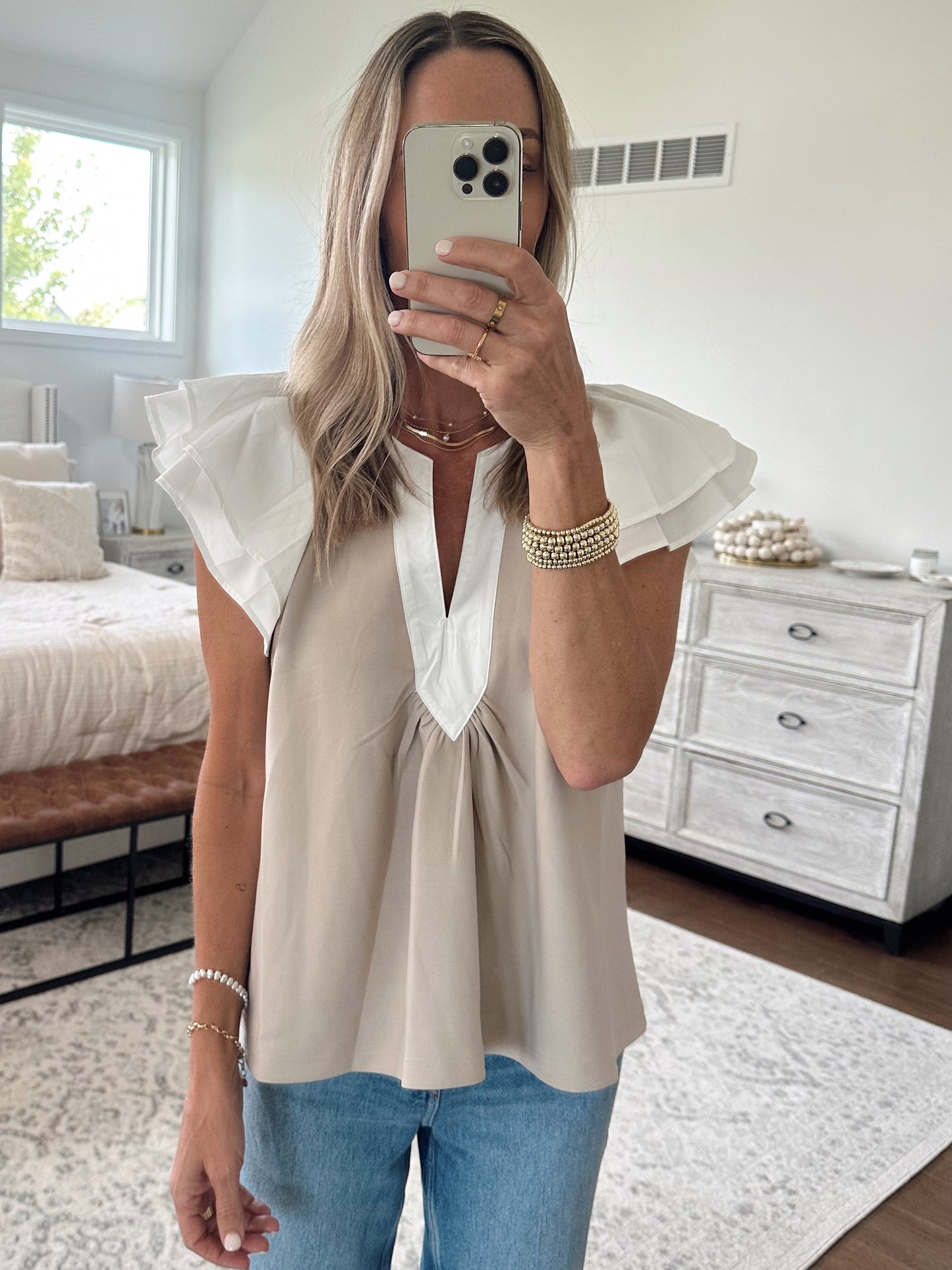 Taupe and White Top