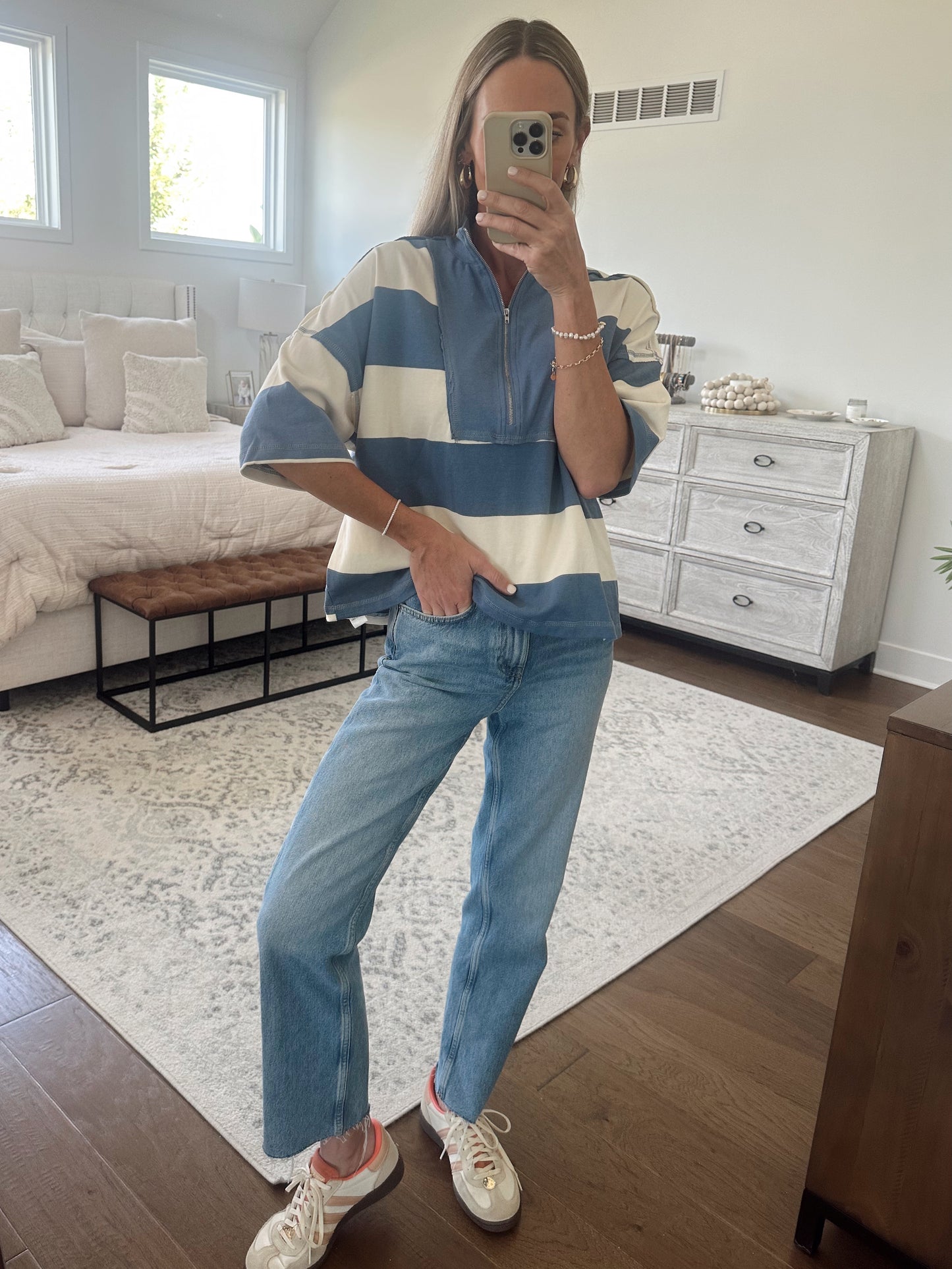 Half Zip Top- Blue/Ivory