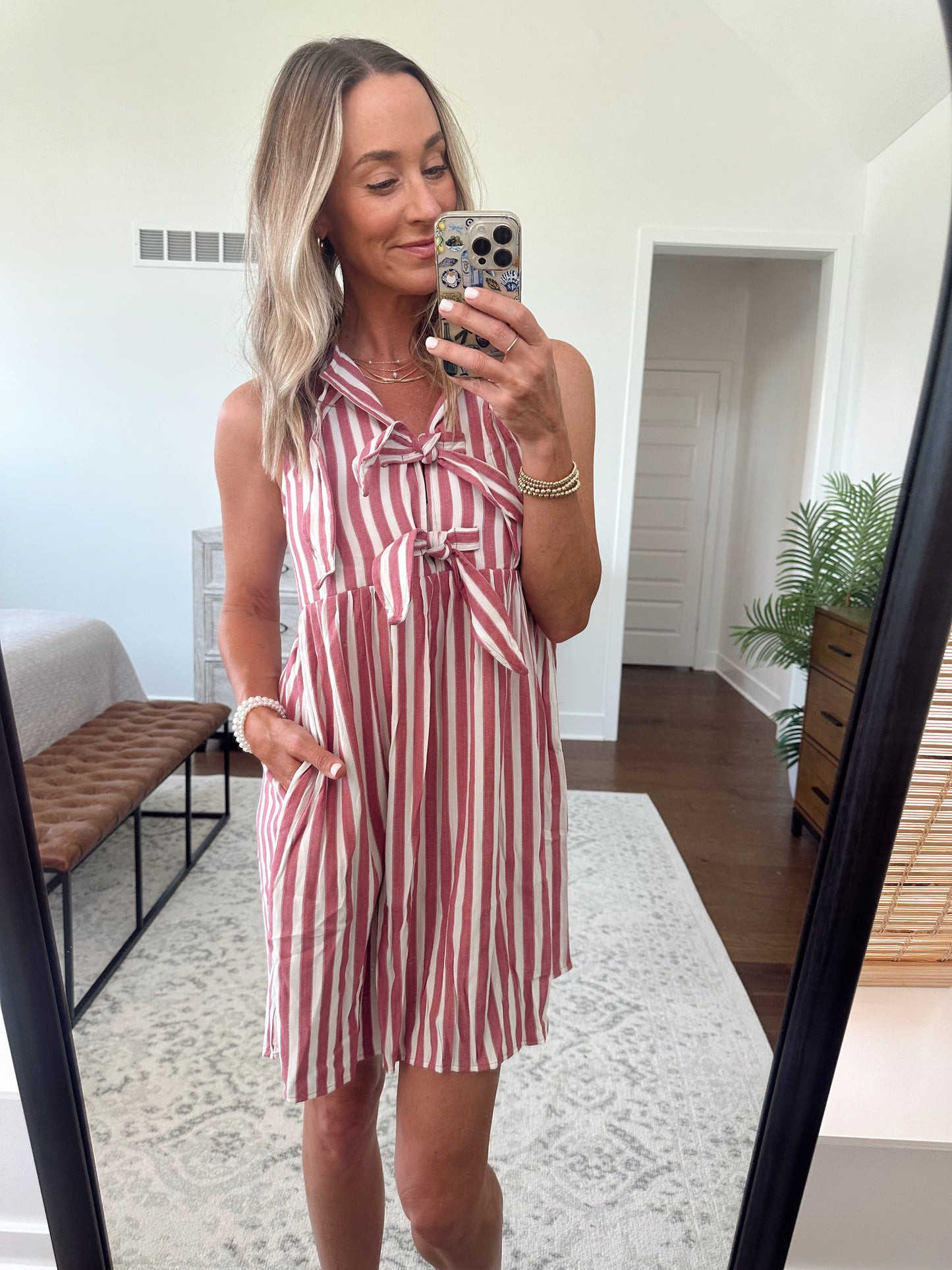 Bow Striped Dress- Rose