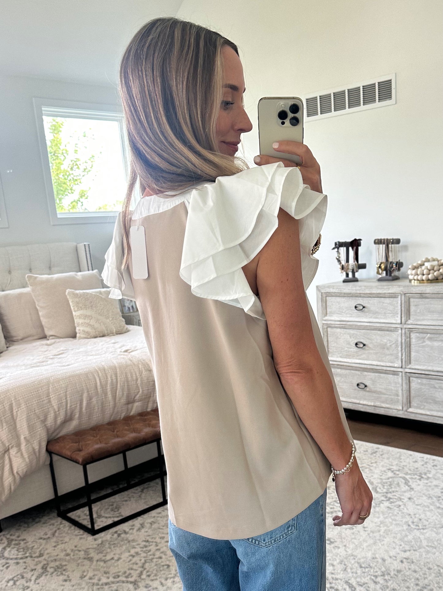 Taupe and White Top