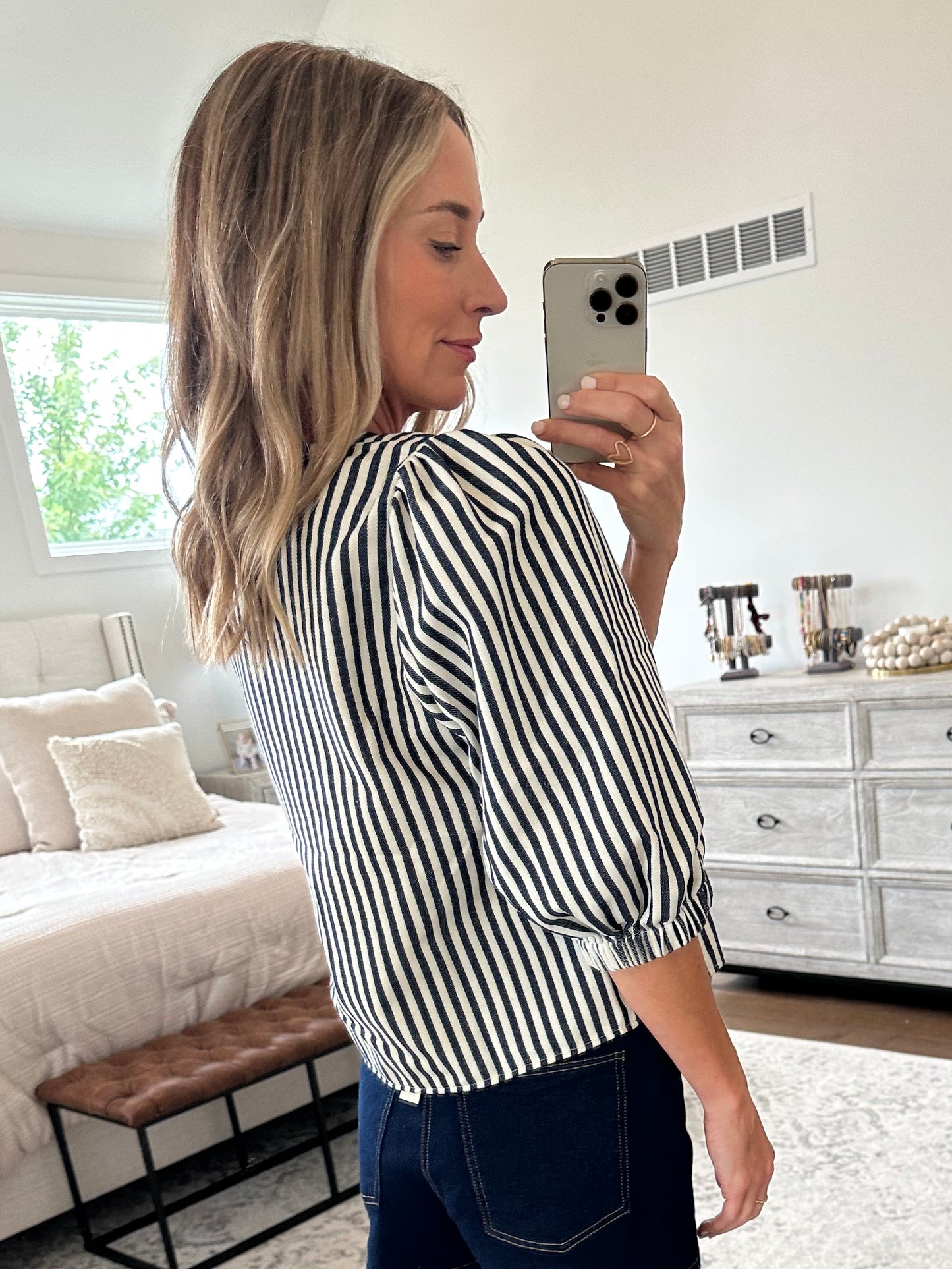 Navy Striped Bow Top