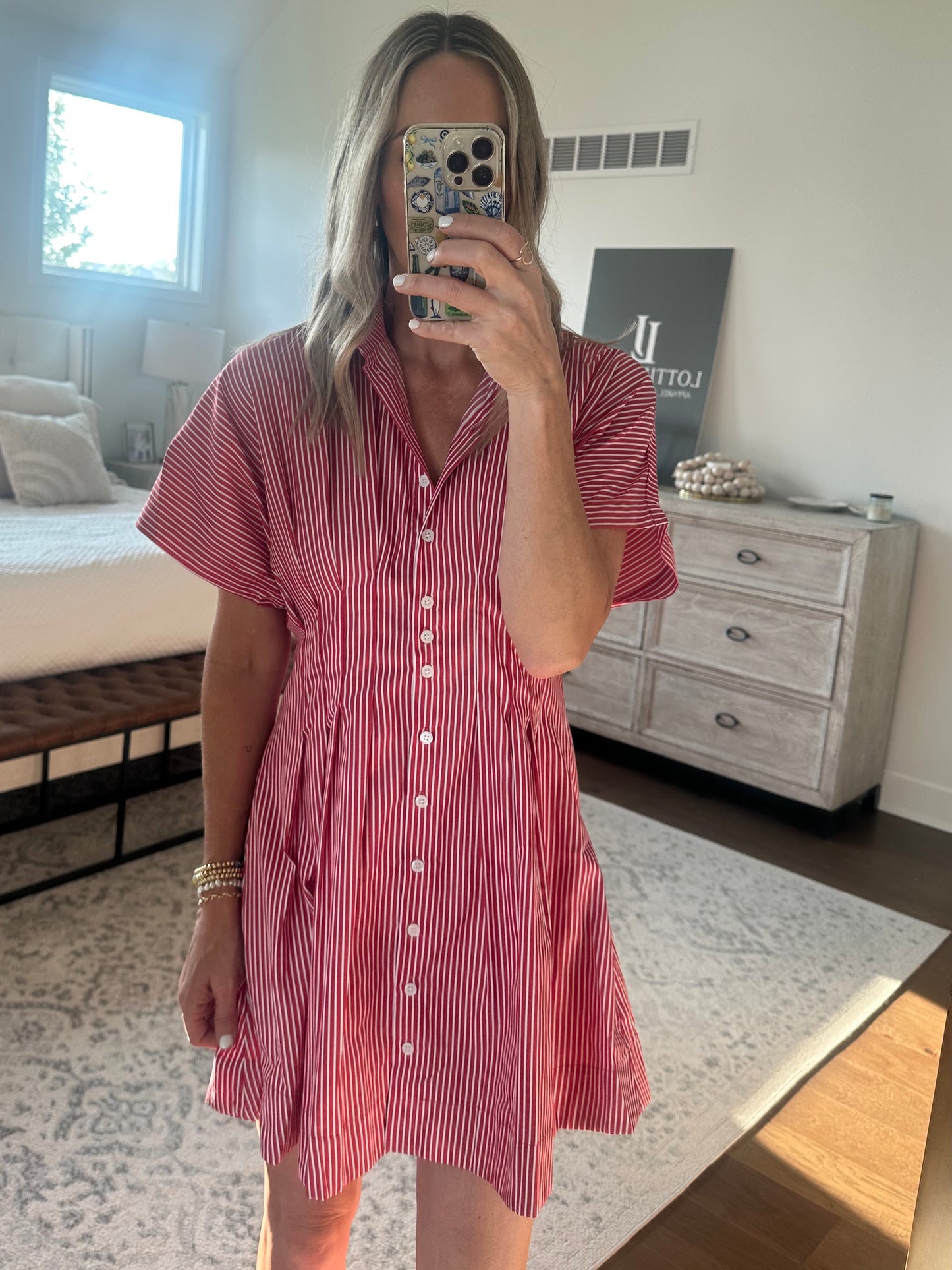 Pleated Shirt Dress- Red