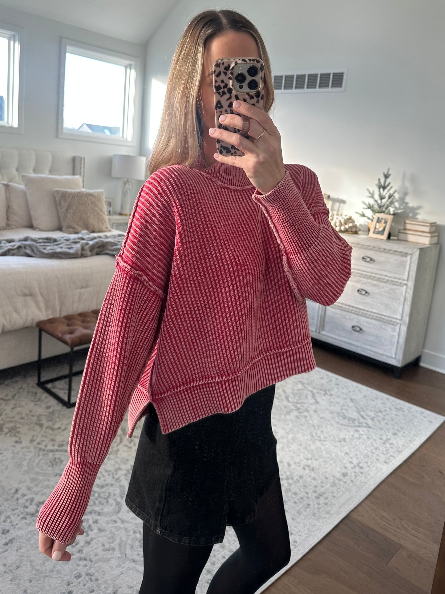 Oversized Cropped Sweater-Red
