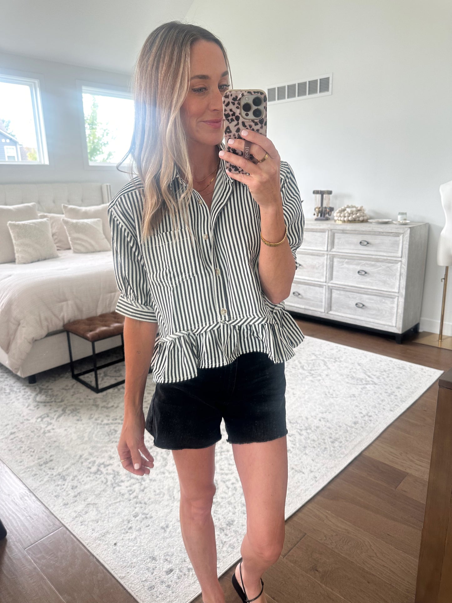 Black Striped Ruffle Hem Top