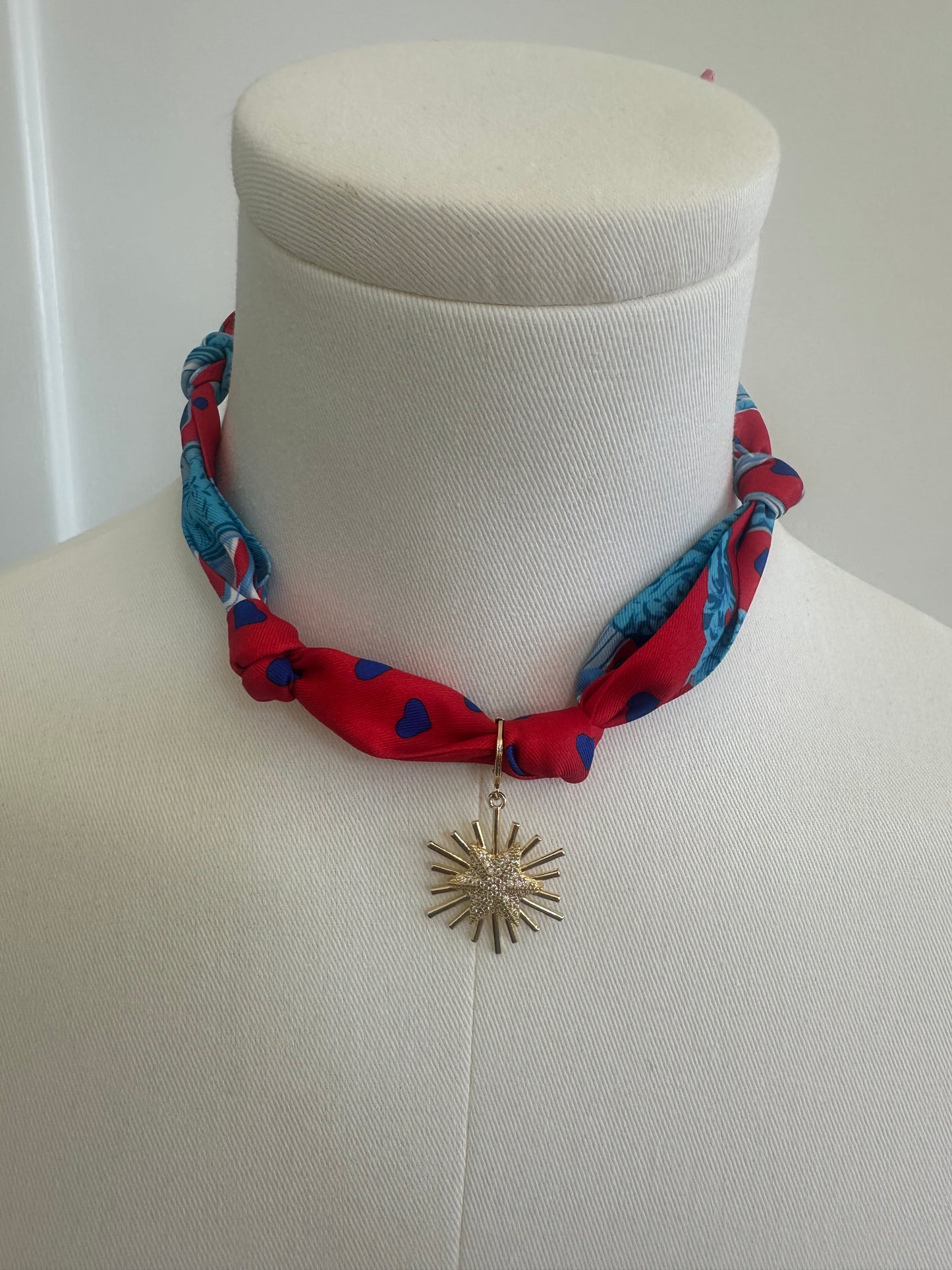 Red Scarf Necklace- Starburst Charm