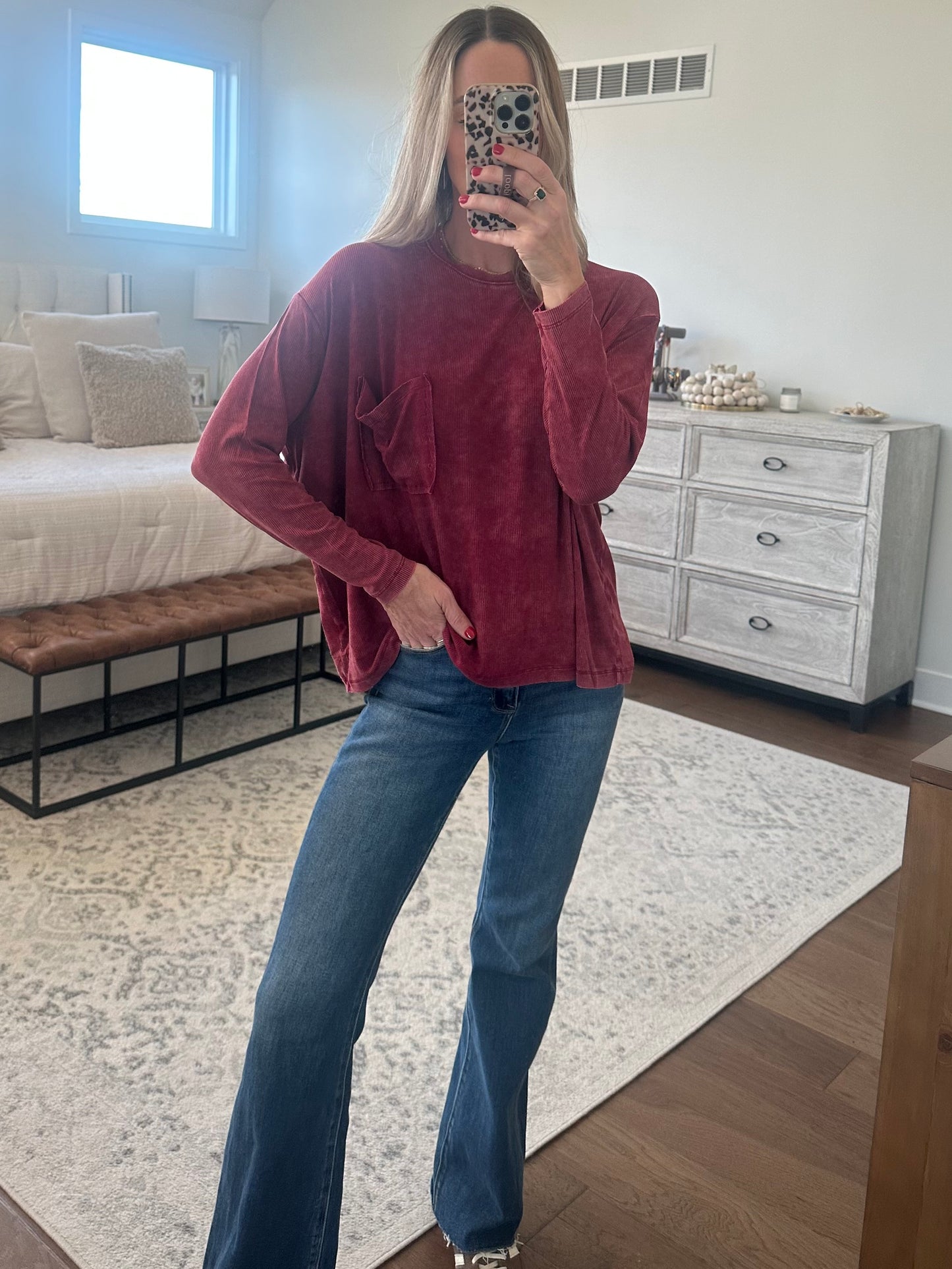 Long Sleeve Pocket Tee- Wine