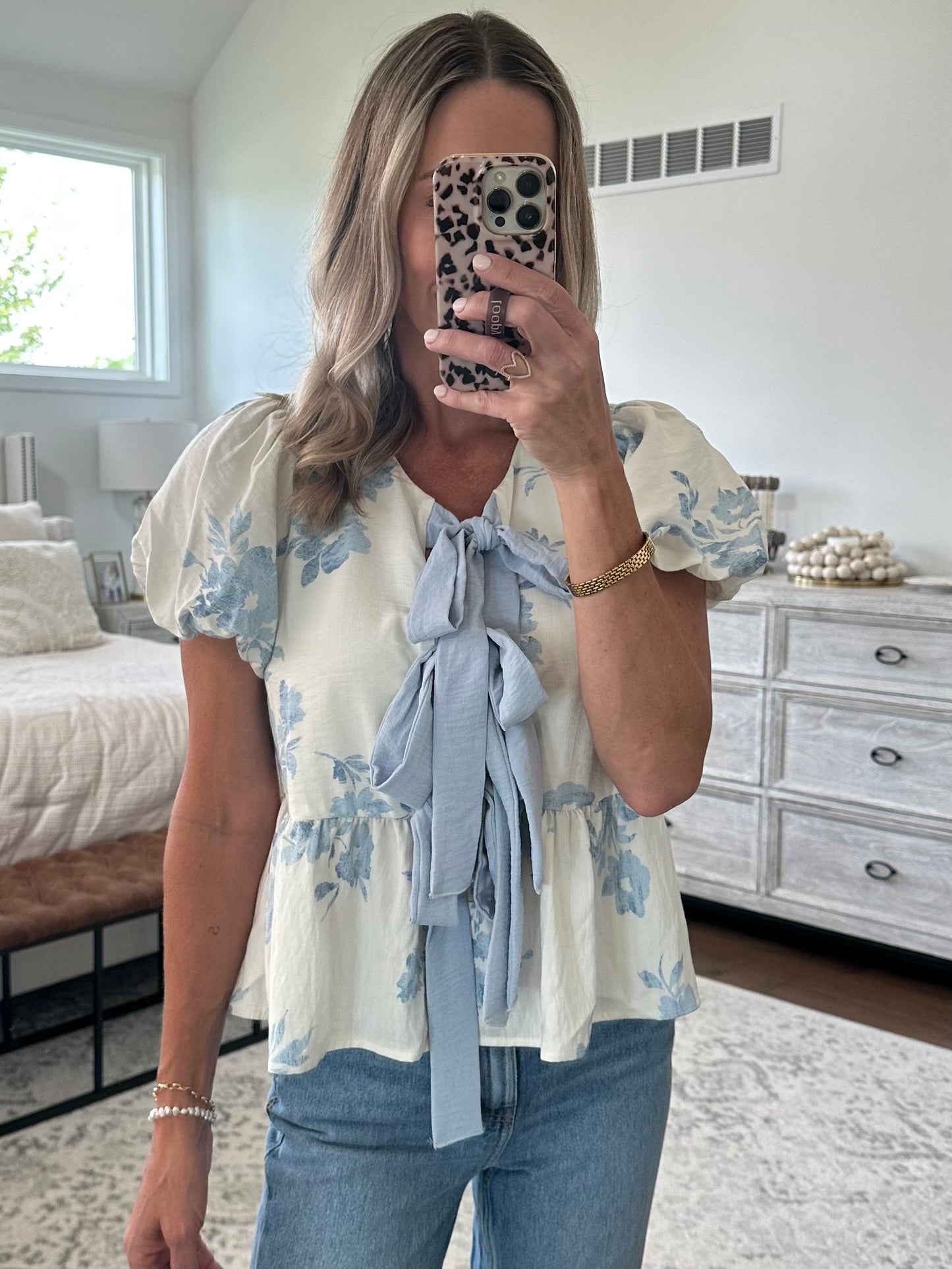 Blue Floral Bow Top