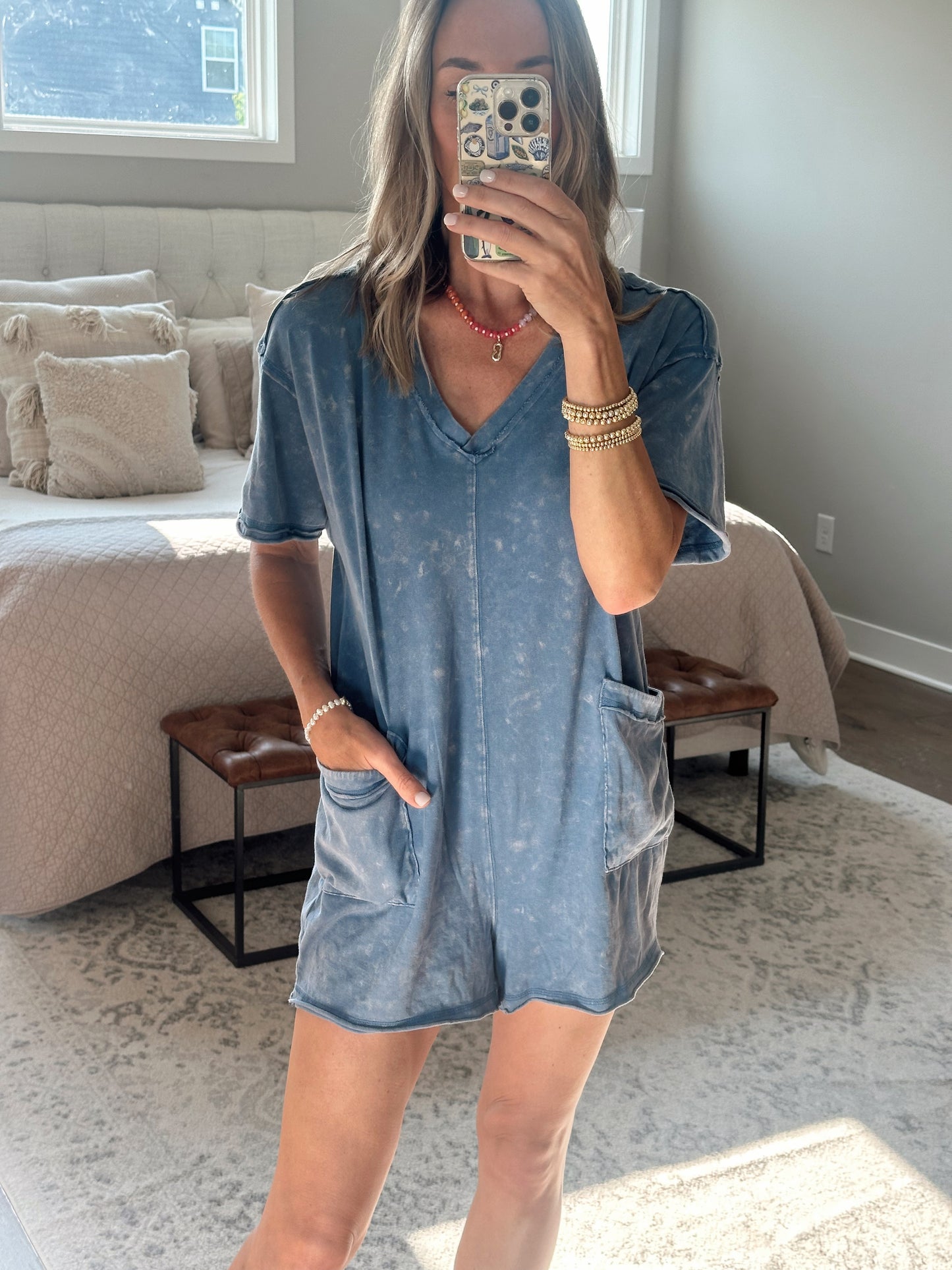 Acid Wash Romper- Blue