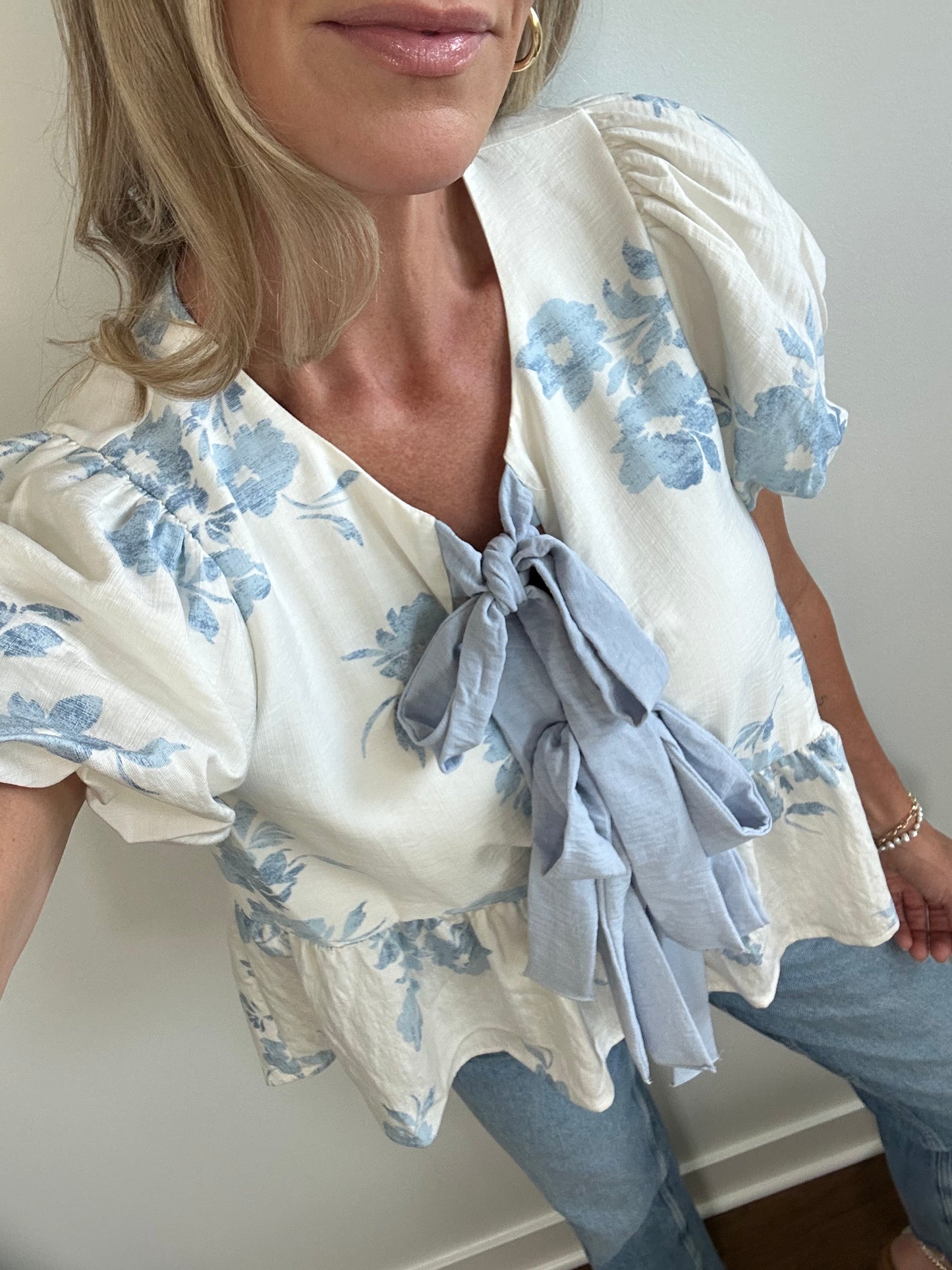 Blue Floral Bow Top