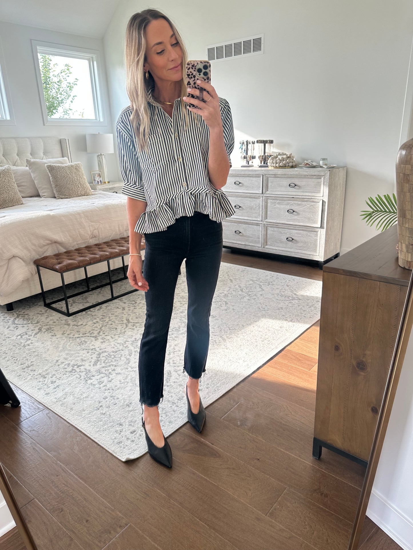 Black Striped Ruffle Hem Top