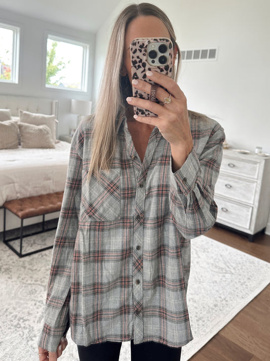 Classic Plaid Button Down- Grey