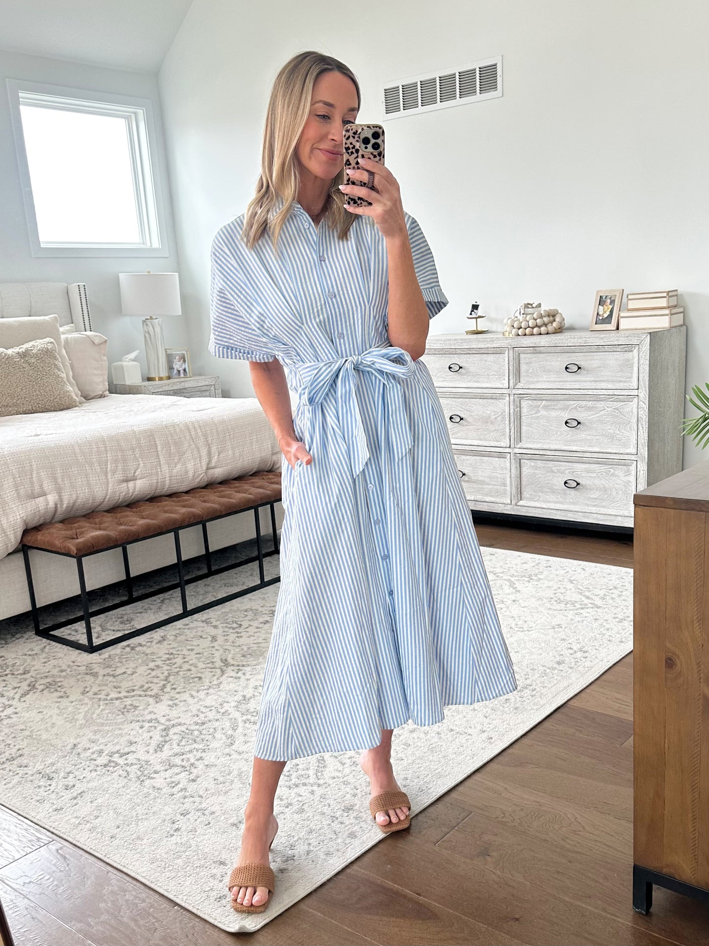 Seersucker Tie Waist Dress- Blue