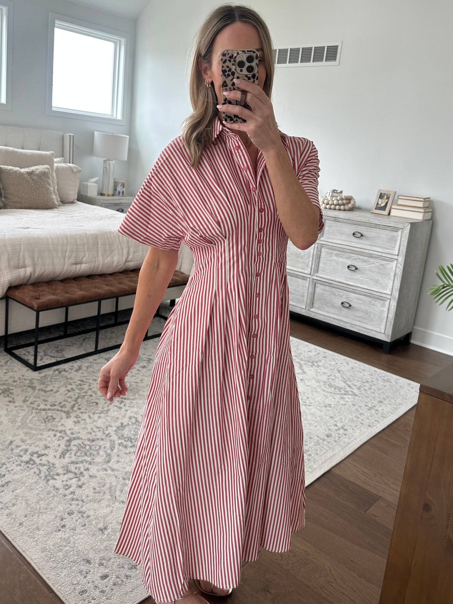 Seersucker Pintuck Dress-Red