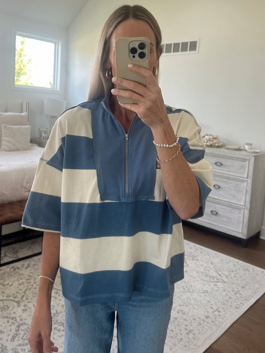 Half Zip Top- Blue/Ivory