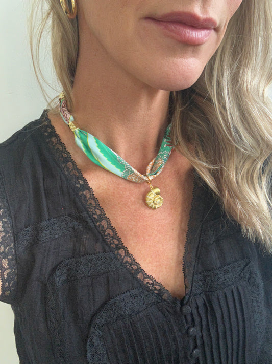 Mint Scarf Necklace- Sea Shell Charm