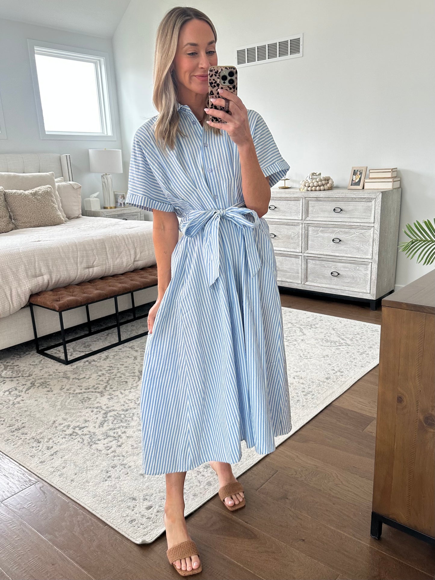 Seersucker Tie Waist Dress- Blue