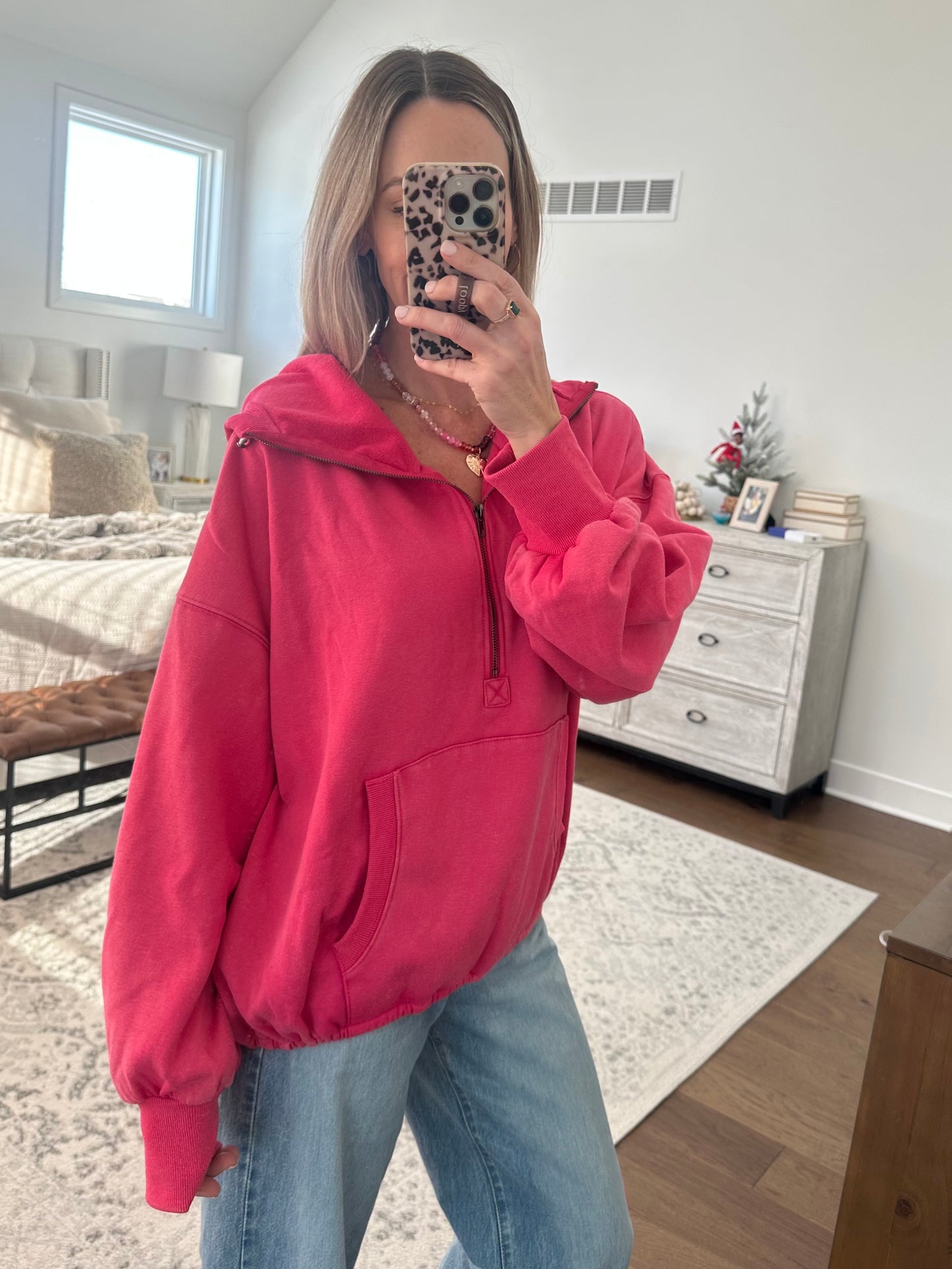 Half Zip Hoodie- Fuchsia
