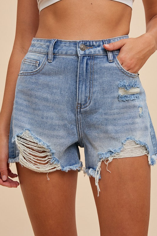 High Rise Distressed Denim Shorts