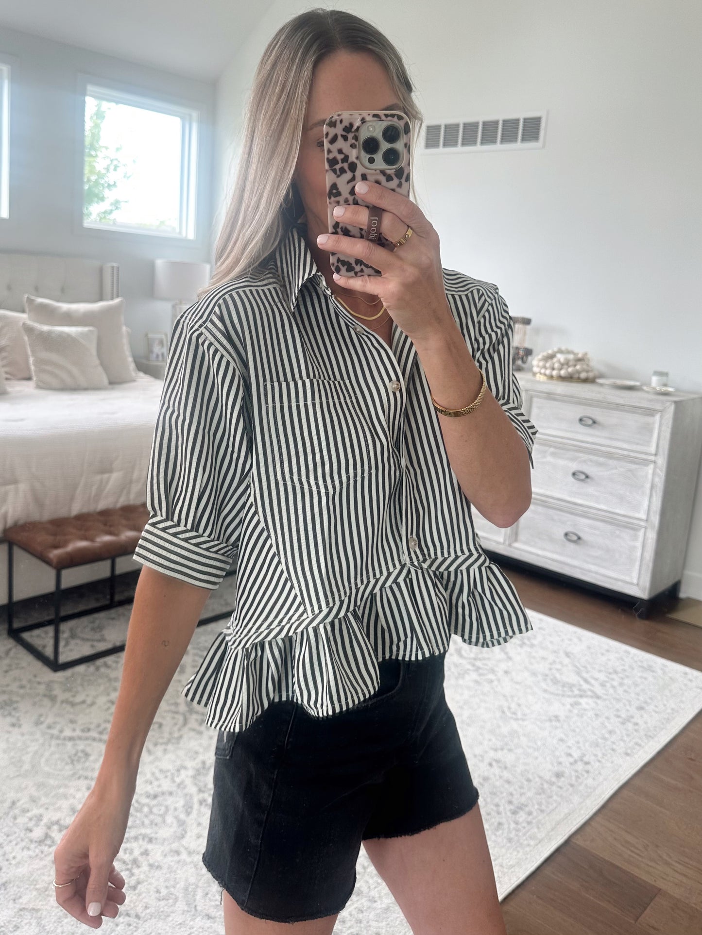 Black Striped Ruffle Hem Top