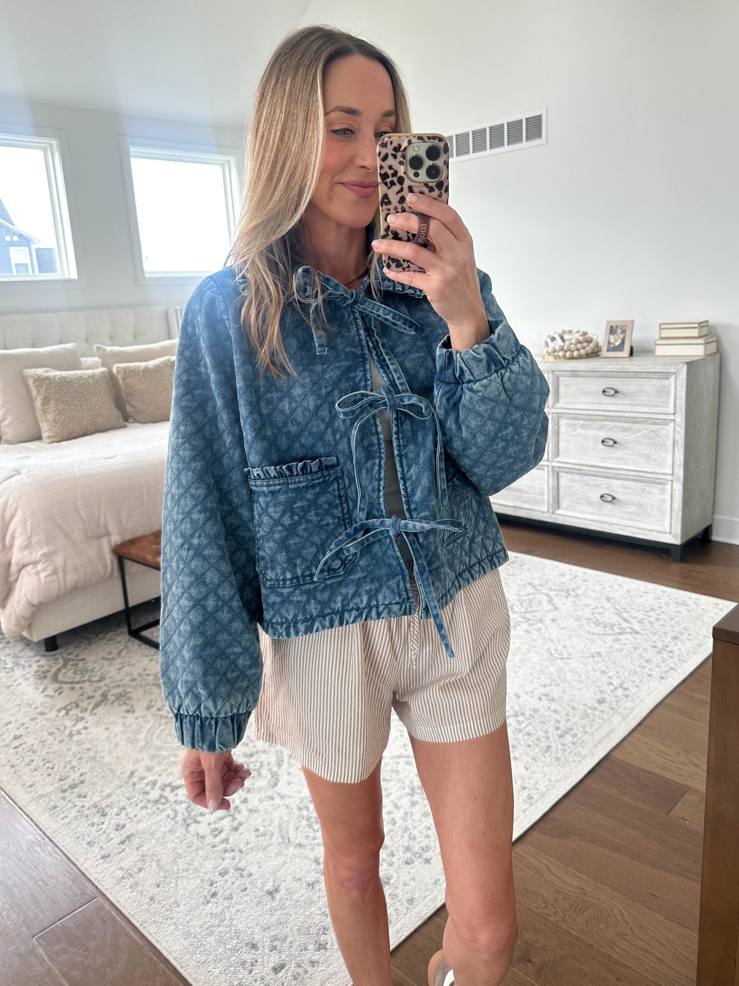 Tie Front Quilted Denim Jacket