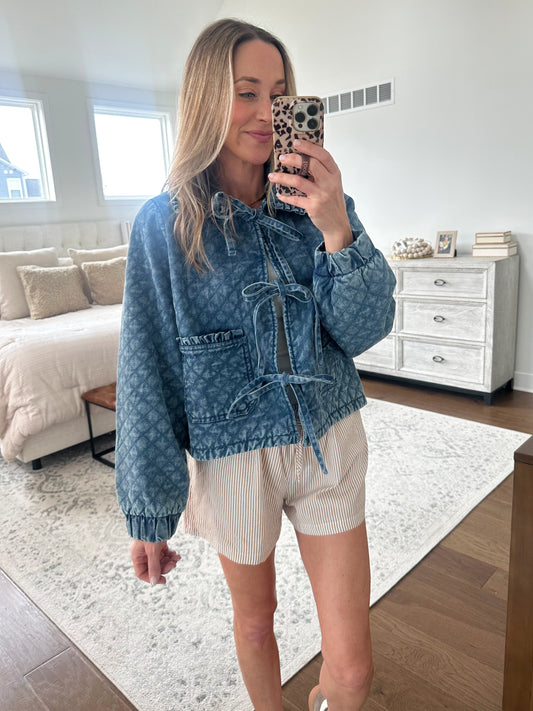 Tie Front Quilted Denim Jacket