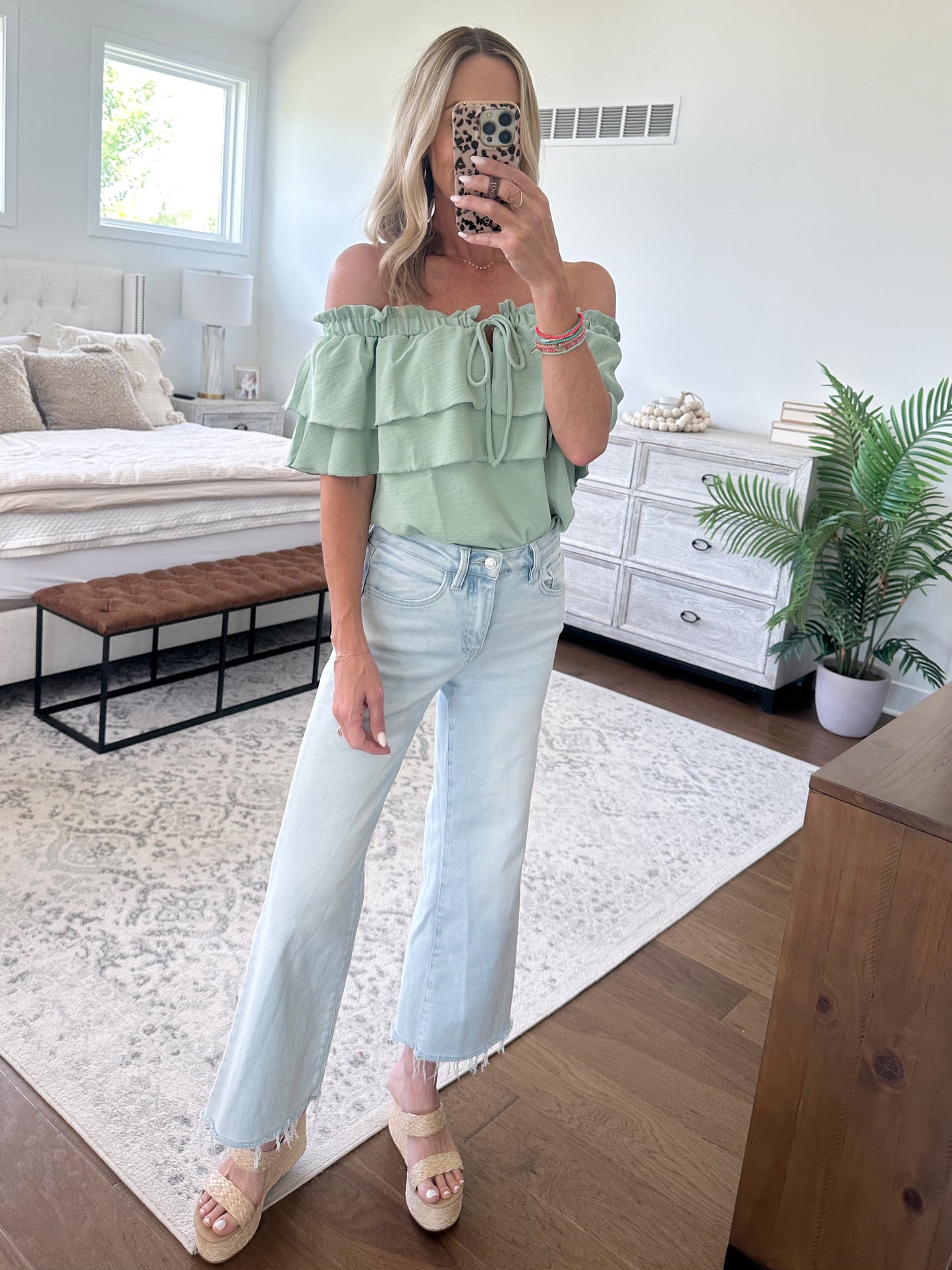 Off The Shoulder Ruffle Top- Sage