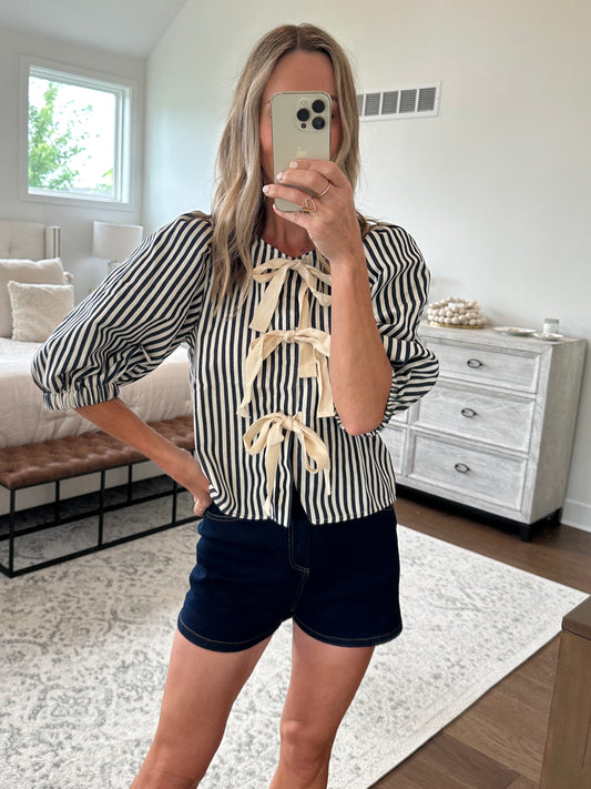 Navy Striped Bow Top