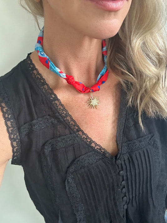 Red Scarf Necklace- Starburst Charm