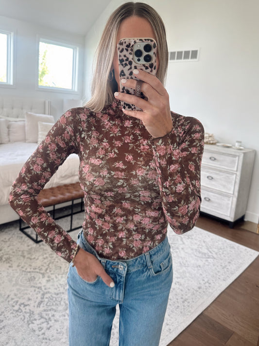 Brown Floral Lace Top