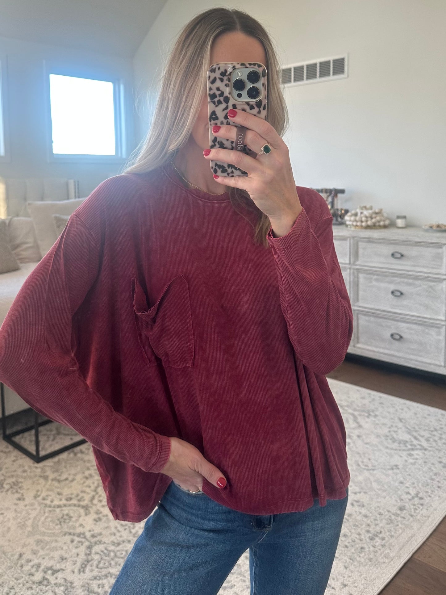 Long Sleeve Pocket Tee- Wine