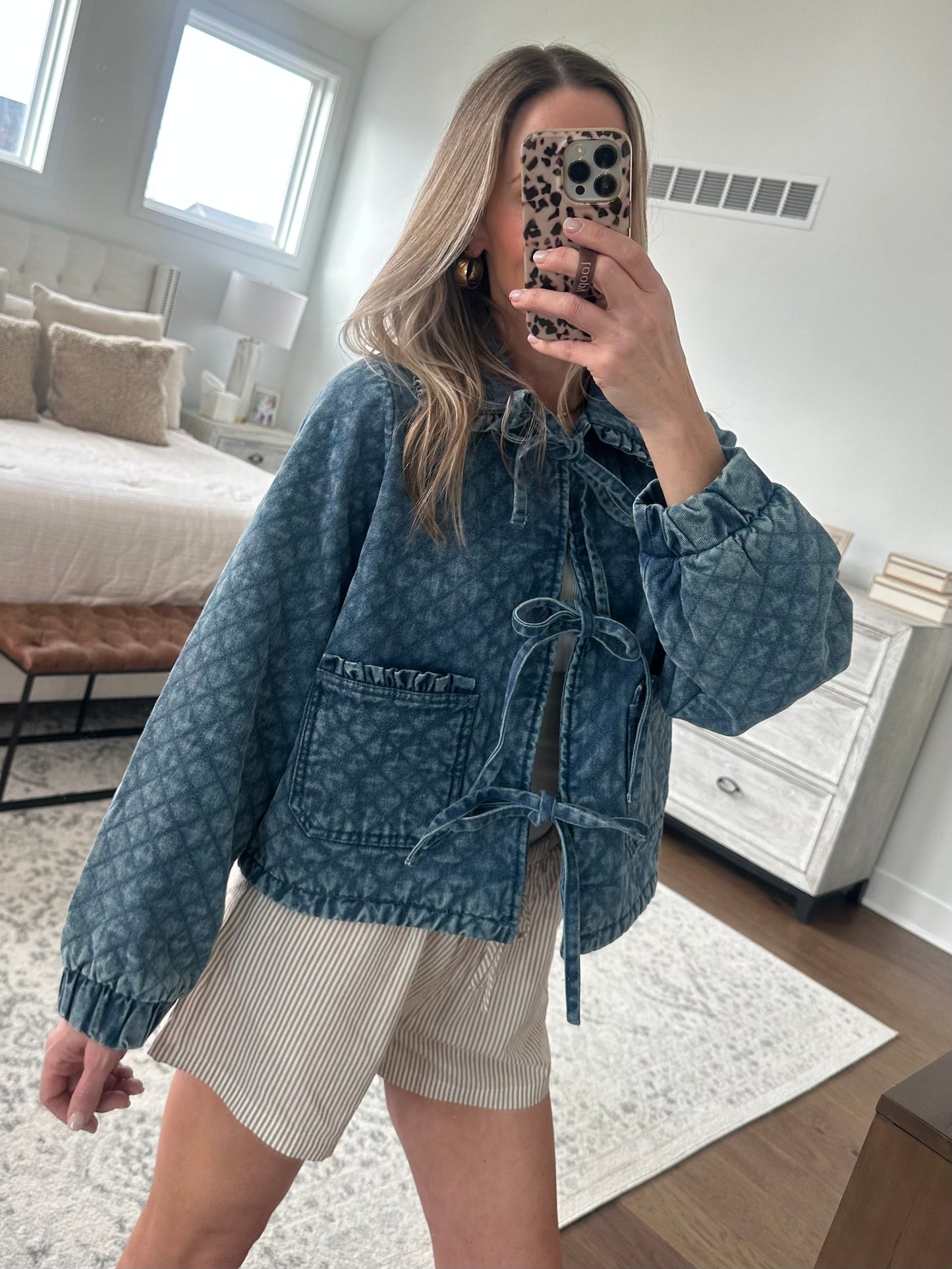 Tie Front Quilted Denim Jacket