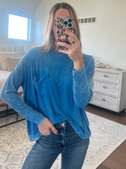 Long Sleeve Pocket Tee- Blue