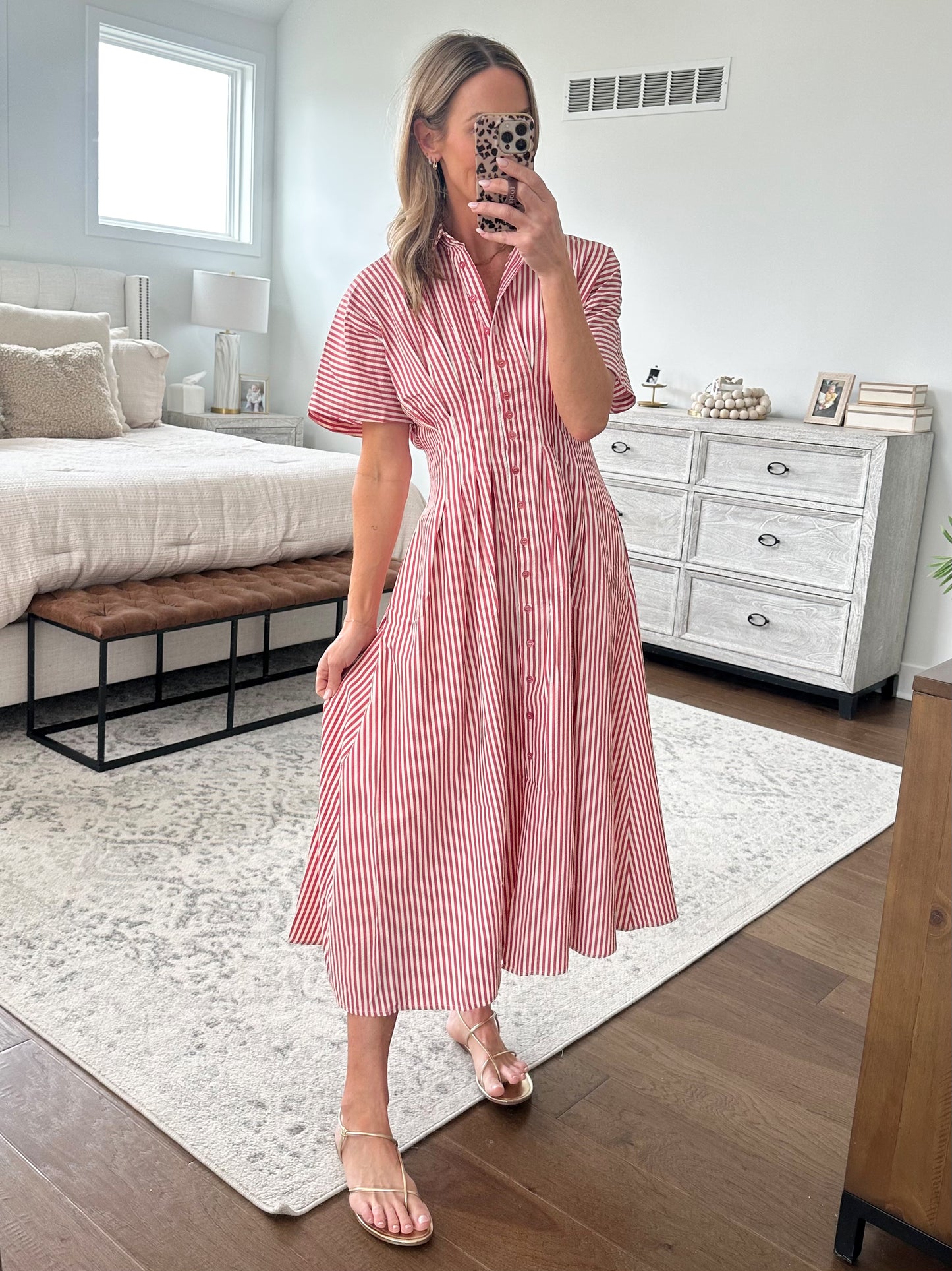 Seersucker Pintuck Dress-Red