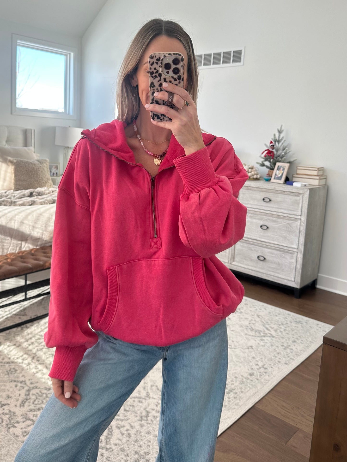 Half Zip Hoodie- Fuchsia