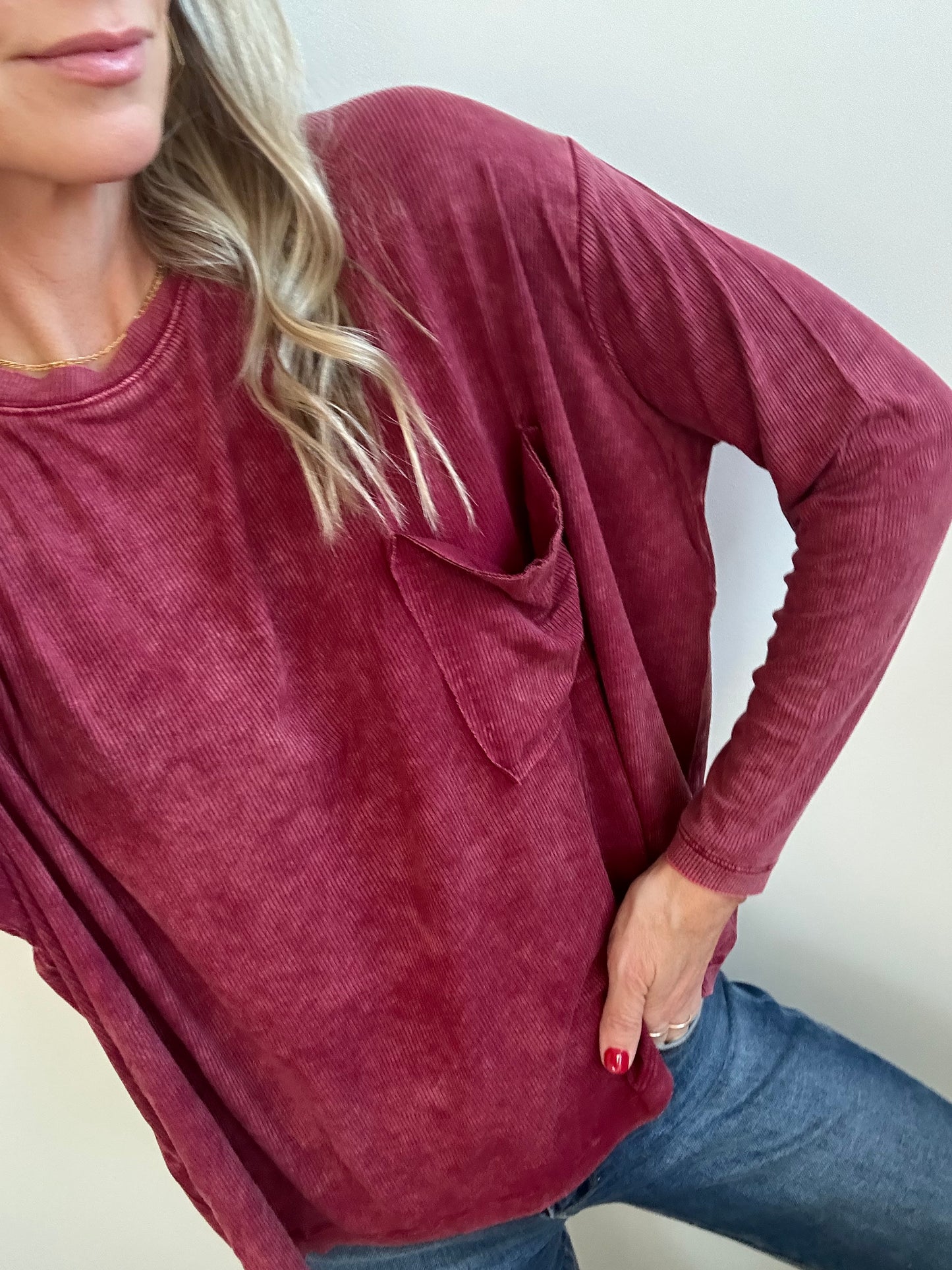 Long Sleeve Pocket Tee- Wine