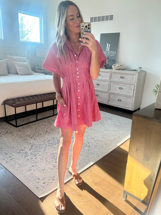 Pleated Shirt Dress- Red