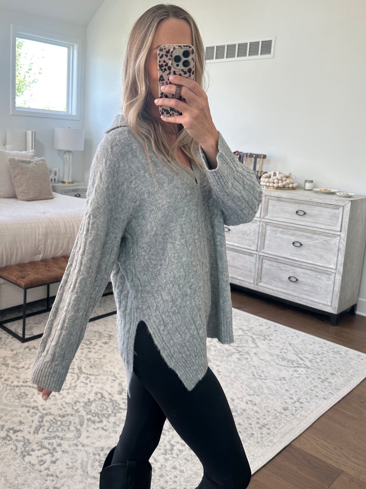 Cable Knit V Neck Sweater- Grey