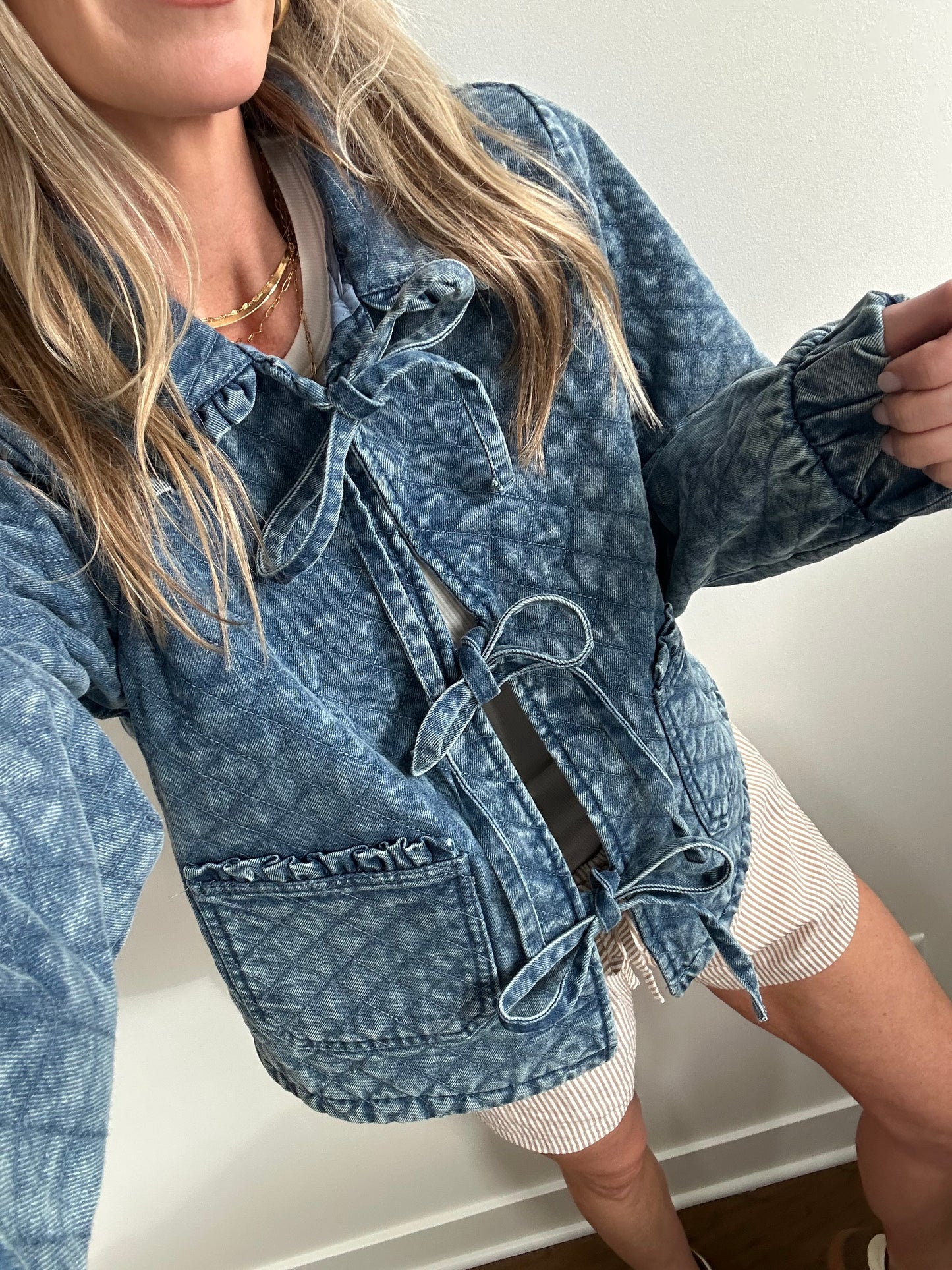 Tie Front Quilted Denim Jacket